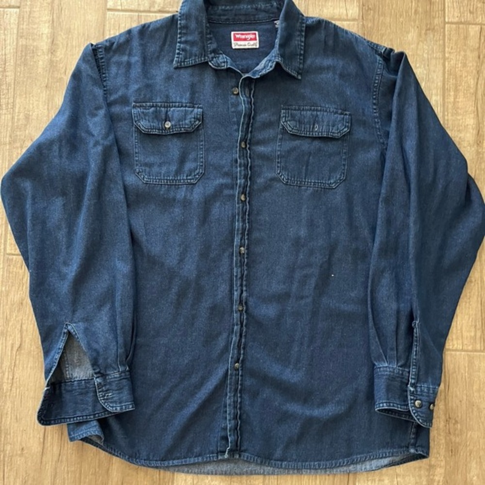 Wrangler‎ Denim Western Shirt Dark Blue XLT Long Sleeve Pockets Workwear Chore